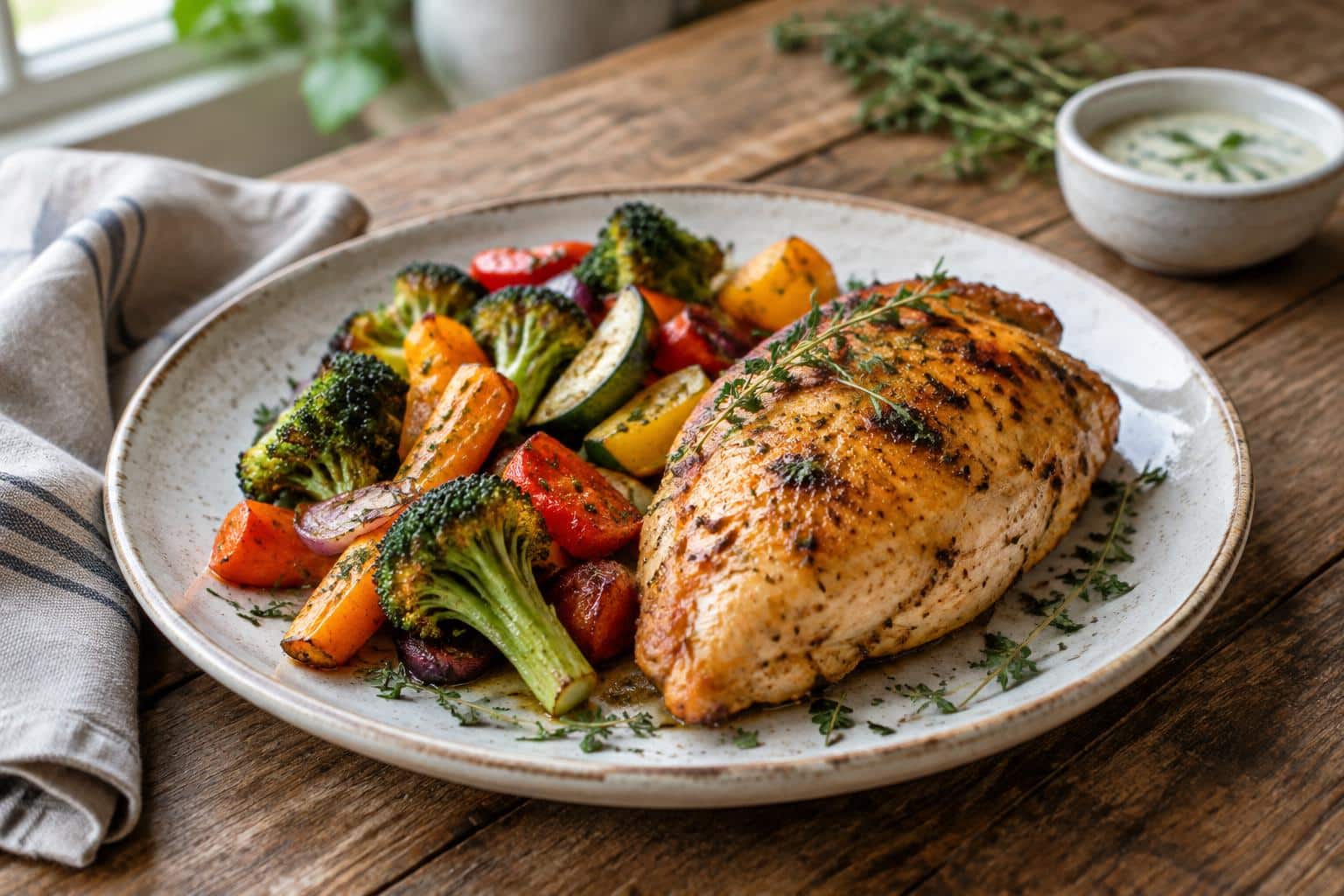 Healthy chicken favorites baked chicken with roasted vegetables and fresh herbs garnish