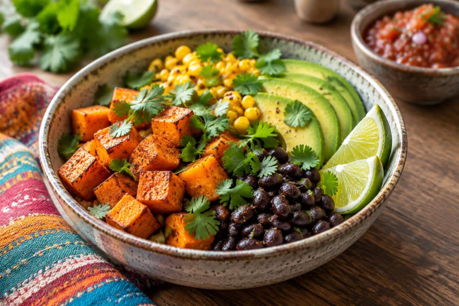 Healthy sweet potato bowl with black beans, avocado, corn, and cilantro garnish