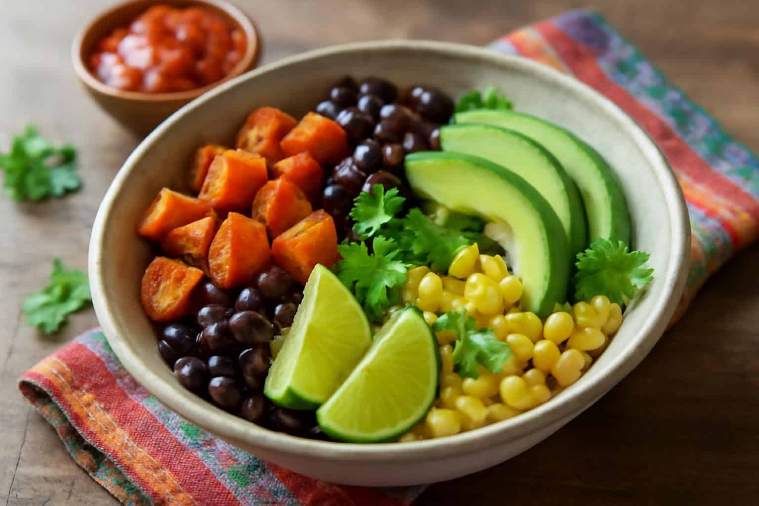 Healthy sweet potato black bean bowl with avocado, corn, and cilantro in a rustic bowl