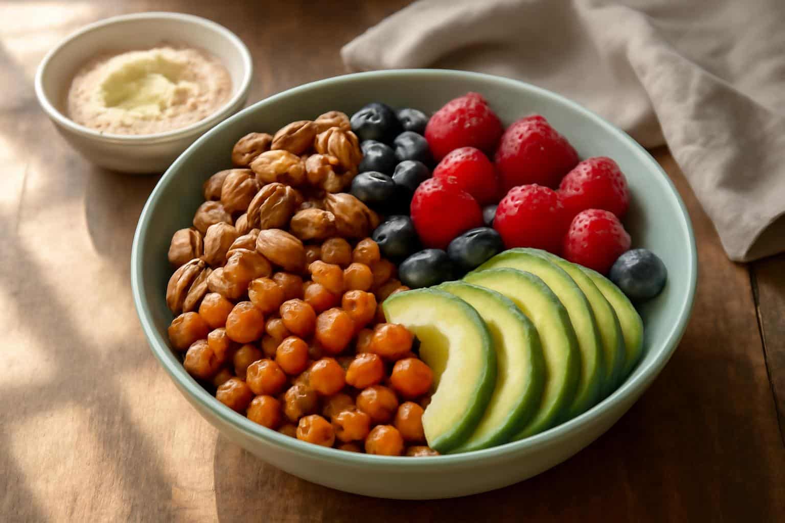 healthy snack bowl with nuts, berries, avocado, and crunchy chickpeas in natural light