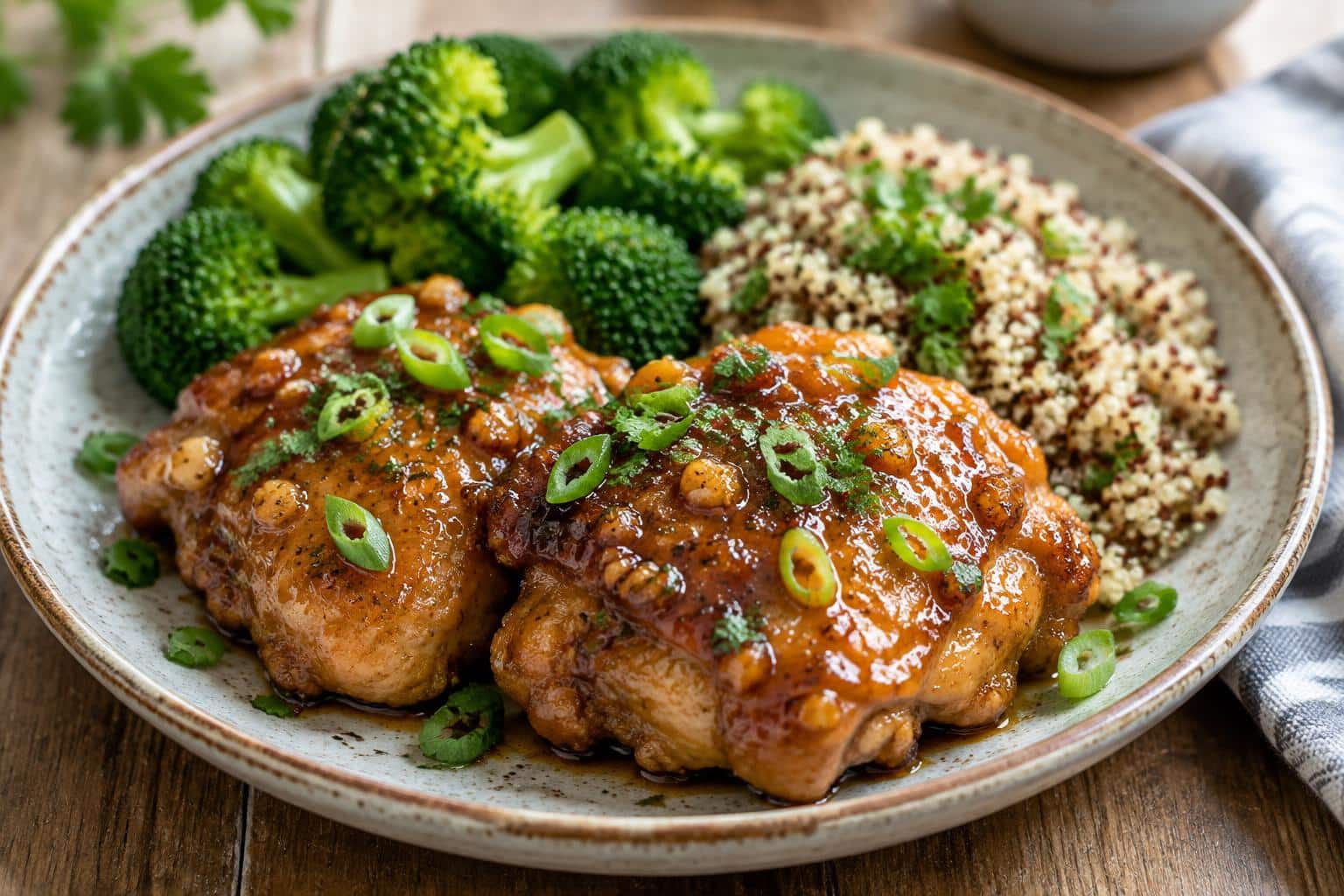 Healthy honey garlic chicken glazed with honey-garlic sauce and garnished with parsley and green onions