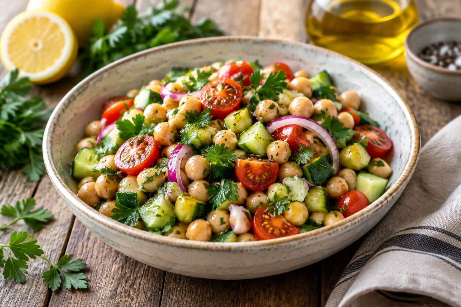 healthy mediterranean chickpea salad with fresh vegetables and herbs in a bowl