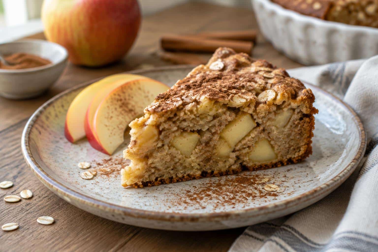 Slice of healthy oatmeal apple cake with apple chunks and cinnamon dusting on rustic plate