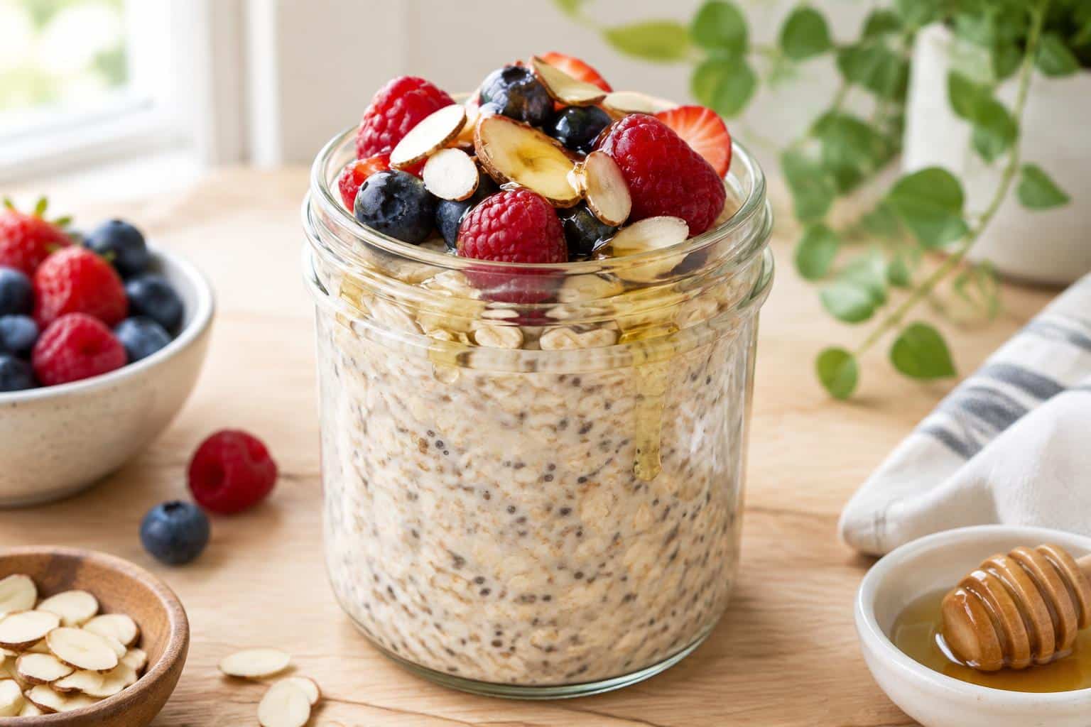 Creamy overnight oats recipe served in glass jar with fresh berries and almonds