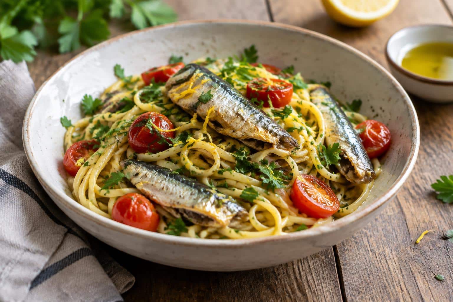 Healthy sardine pasta with linguine, cherry tomatoes, parsley, and lemon zest in a bowl