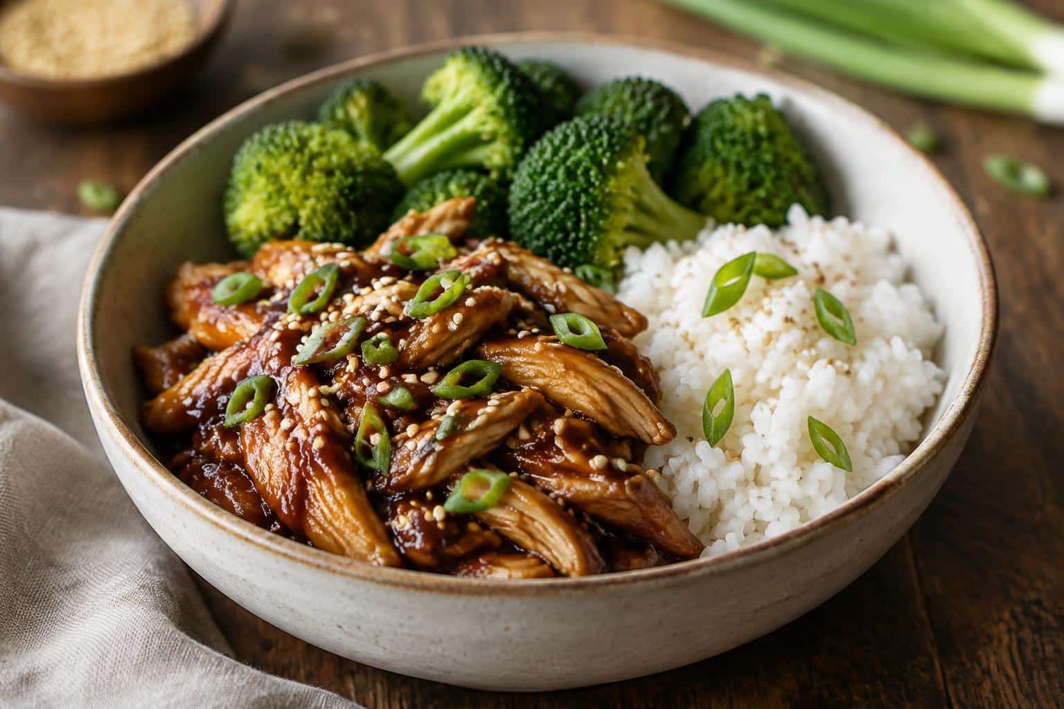 Slow cooker teriyaki chicken garnished with sesame seeds and green onions served with rice and broccoli