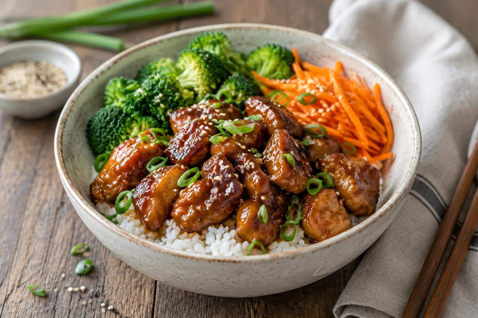 Healthy sticky chicken bowl with glossy sauce, broccoli, carrots, and rice