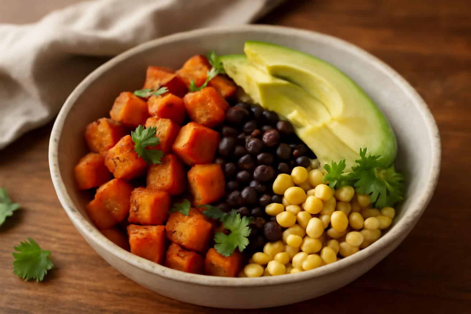 Healthy sweet potato black bean bowl with roasted sweet potatoes, black beans, corn, and avocado slices