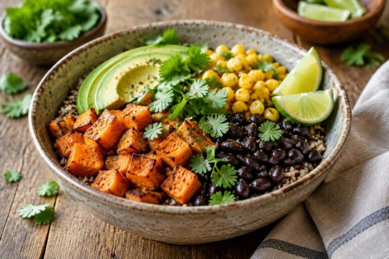Healthy sweet potato black bean bowl topped with avocado, corn, and cilantro