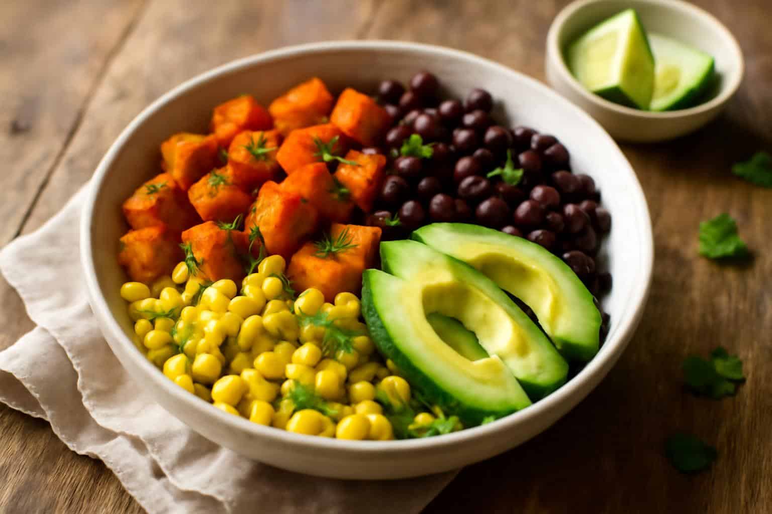 Healthy sweet potato black bean bowl with avocado, corn, and cilantro garnish