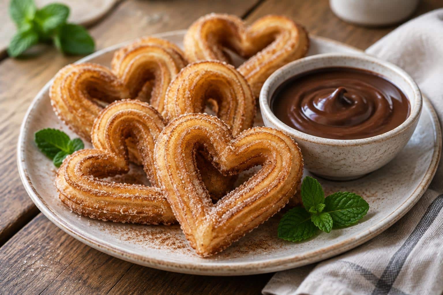 Plate of heart-shaped churros with rich chocolate sauce and cinnamon sugar dusting