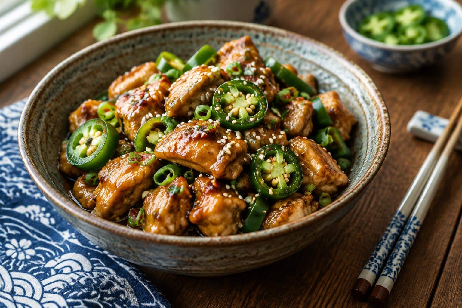 Hearty Asian jalapeno chicken with glossy sauce and sliced jalapenos in rustic bowl