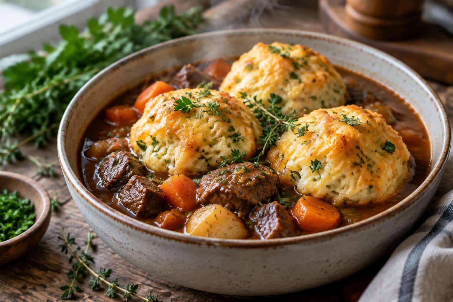 Hearty beef stew with cheddar herb dumplings in a rustic bowl, garnished with fresh herbs
