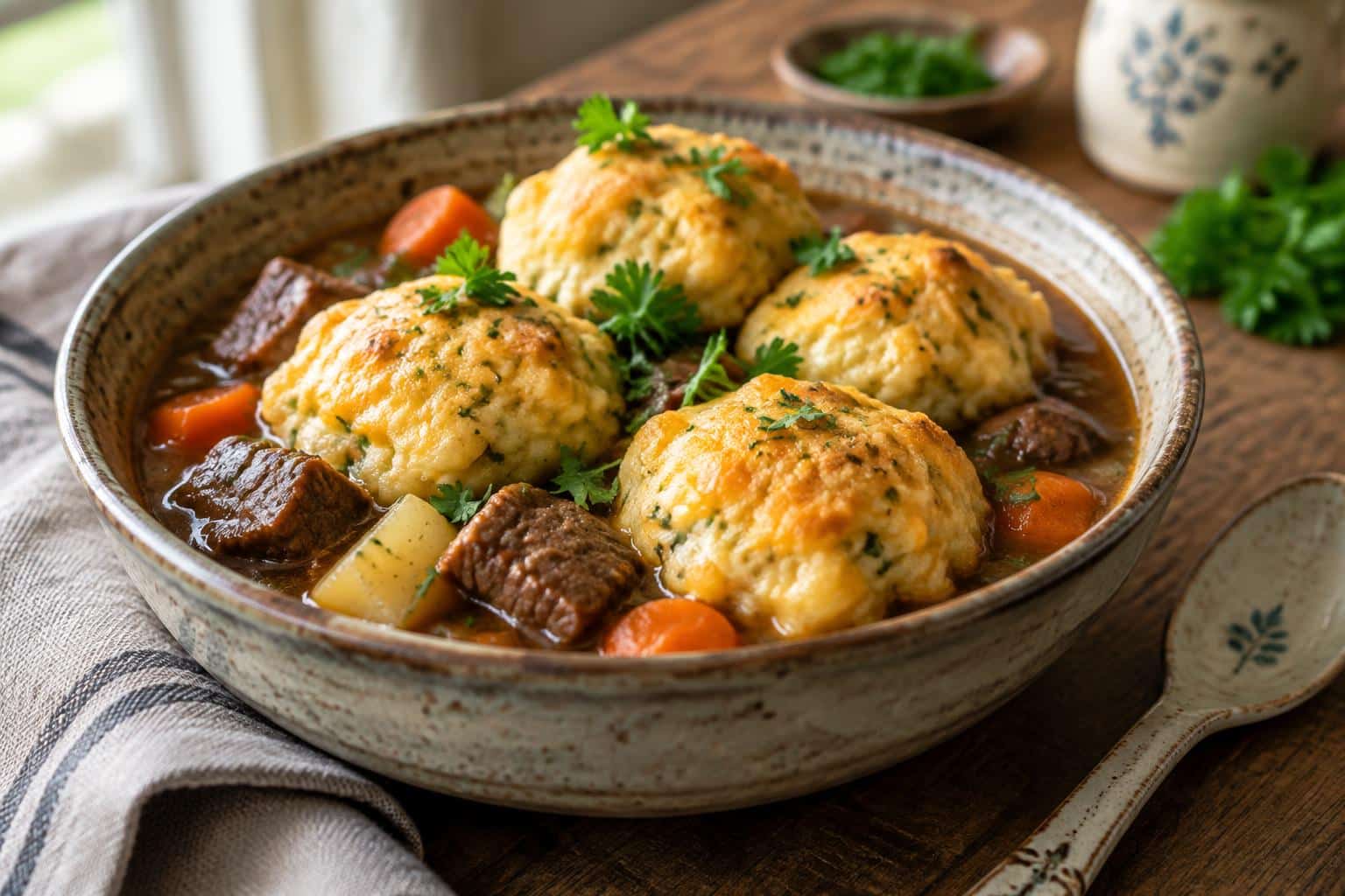 Hearty beef stew with cheddar herb dumplings garnished with fresh herbs