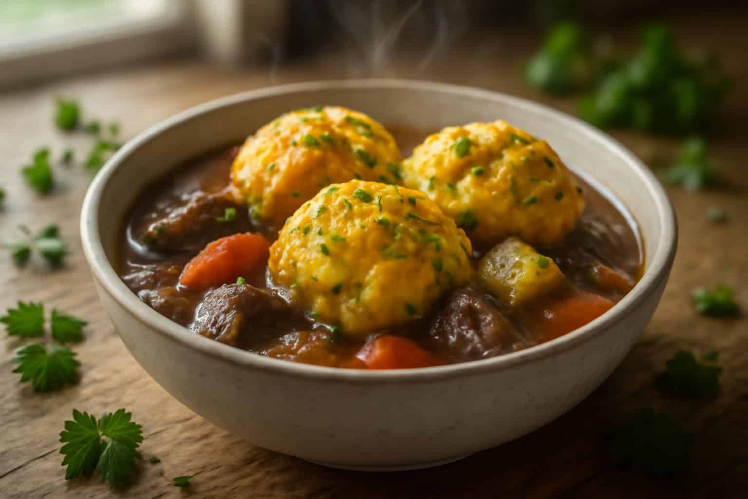 Hearty beef stew with cheddar herb dumplings in a rustic bowl, showcasing beef stew dumplings