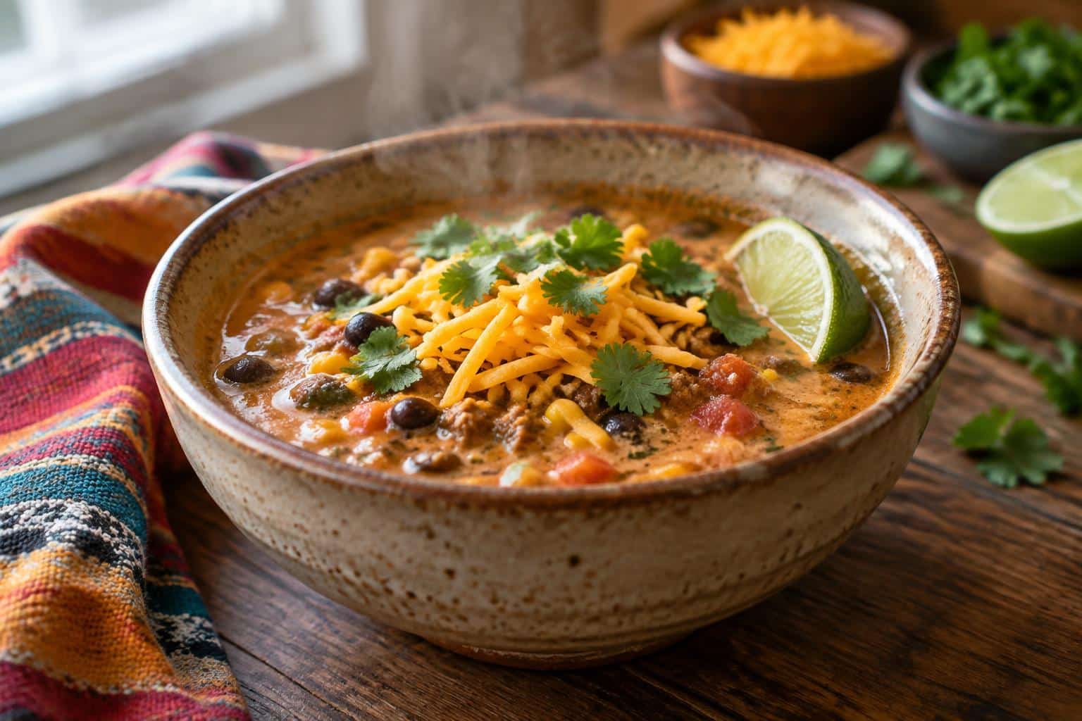Hearty creamy taco soup garnished with cheddar, cilantro, and lime wedge in a rustic bowl
