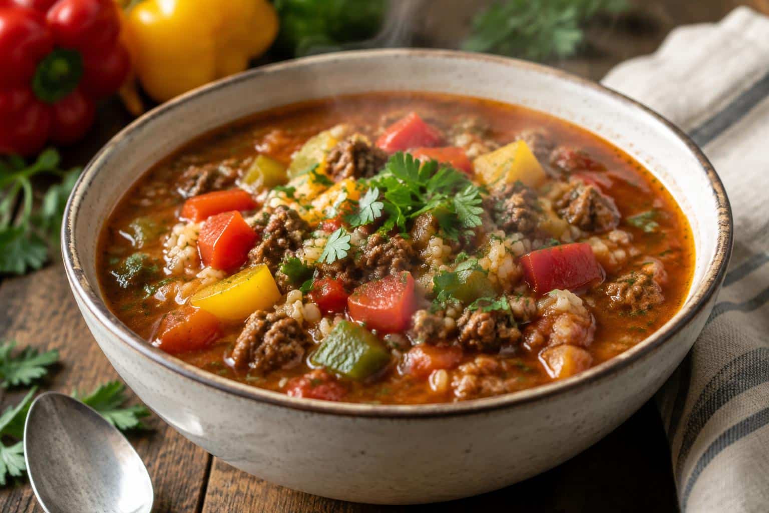 Hearty crock pot stuffed pepper soup with ground beef and bell peppers garnished with parsley