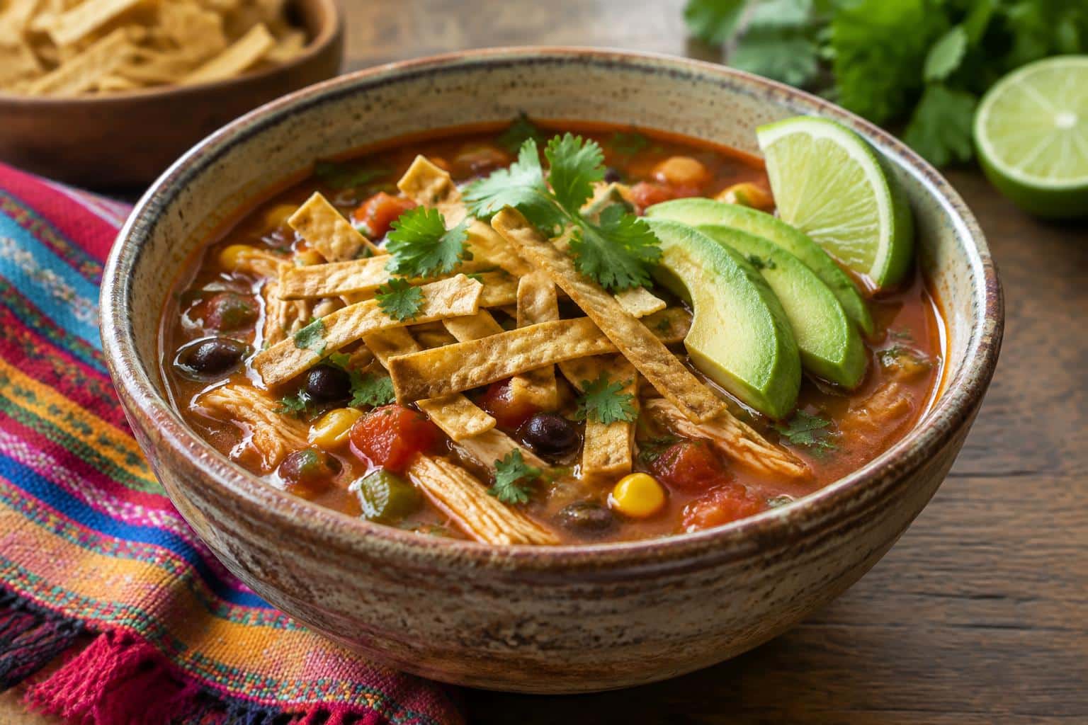 Hearty chicken tortilla soup in a rustic bowl with tortilla strips and avocado garnish