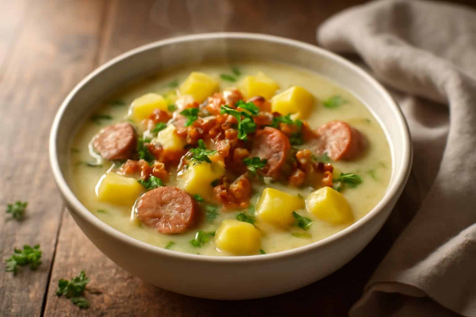 Hearty german potato soup with savory sausage garnished with parsley and bacon bits