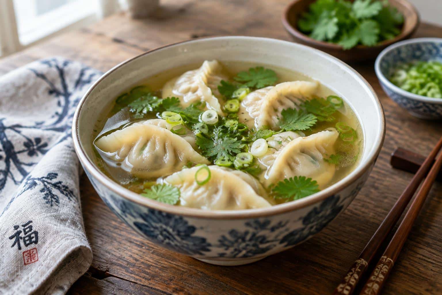 Hearty gyoza soup with dumplings and green onion garnish in a bowl, showcasing gyoza soup