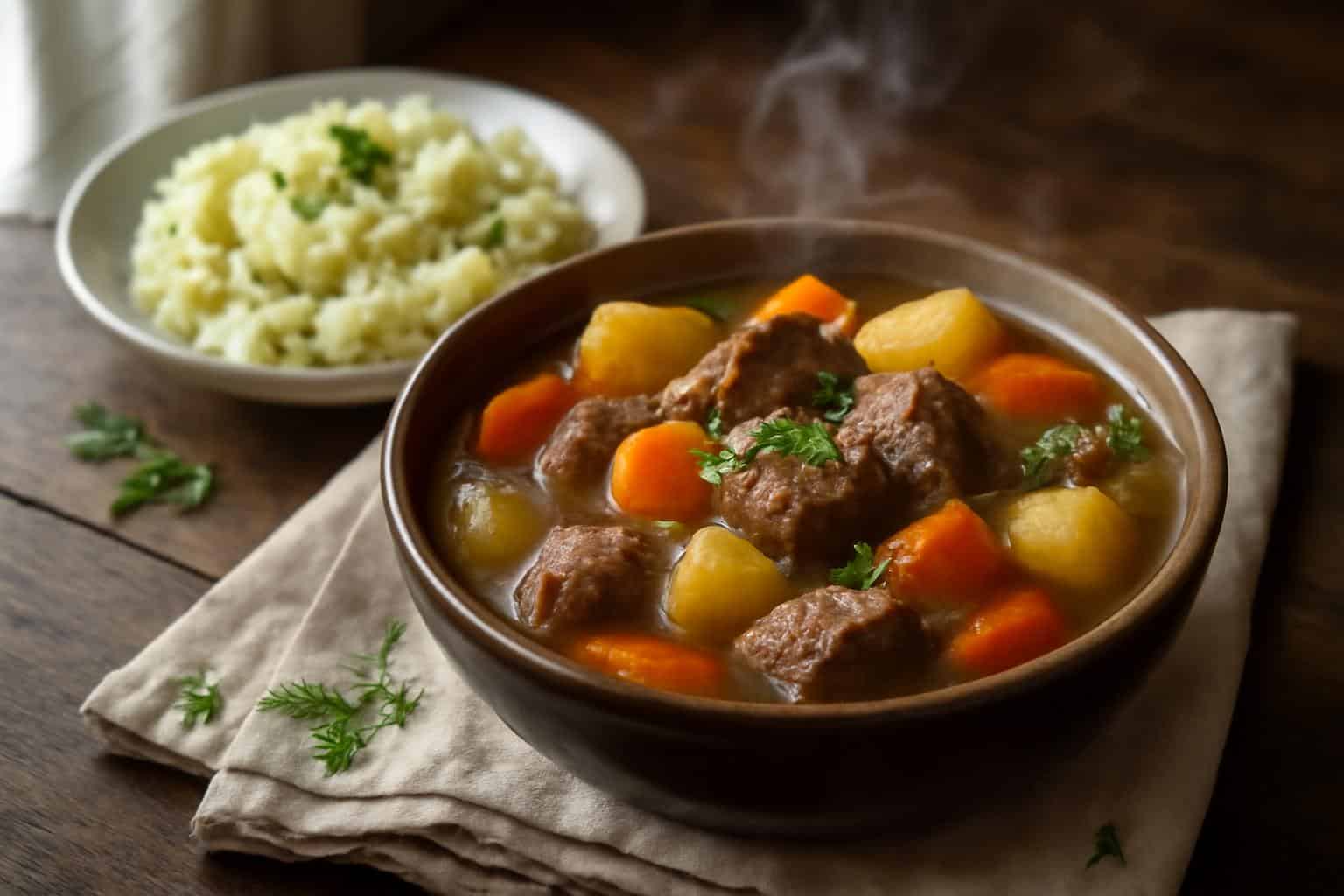 Hearty Irish stew with tender lamb and creamy mashed potatoes garnished with parsley