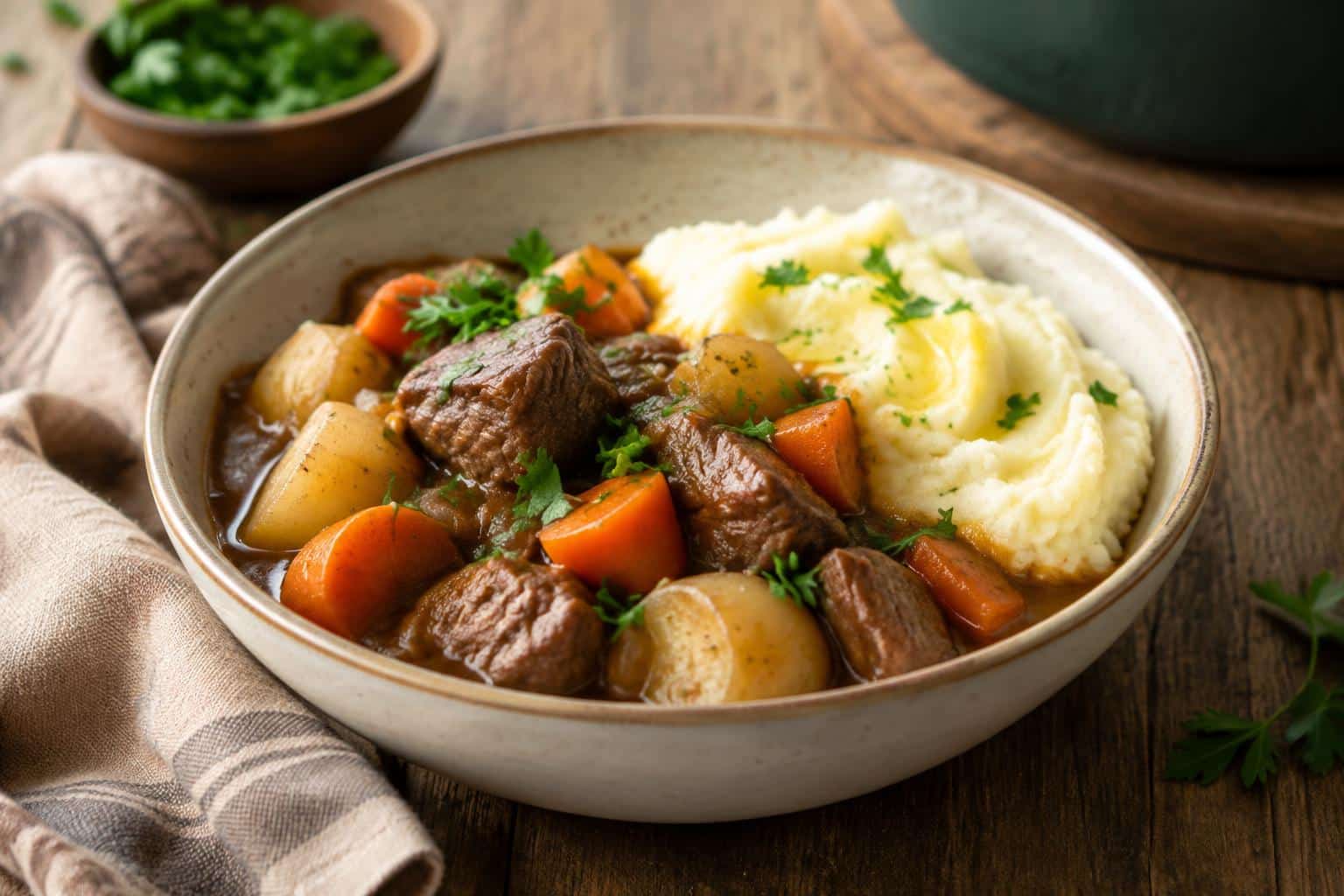 bowl of Irish stew with creamy mashed potatoes garnished with fresh parsley