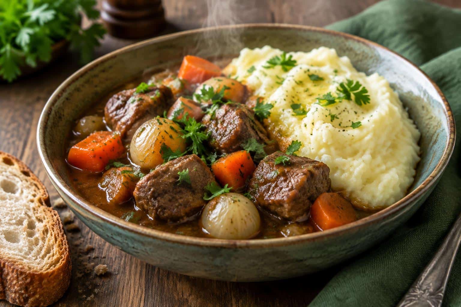 Hearty Irish stew with tender lamb and creamy mashed potatoes in a rustic bowl