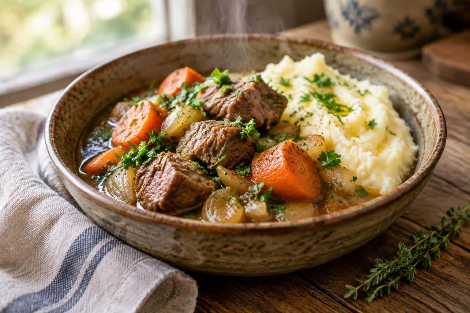 Hearty Irish stew with lamb and vegetables served with creamy mashed potatoes and parsley garnish