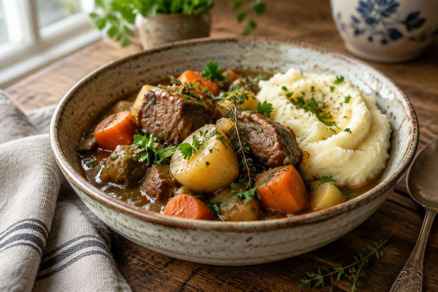 Hearty Irish stew with mashed potatoes served in a rustic bowl garnished with parsley
