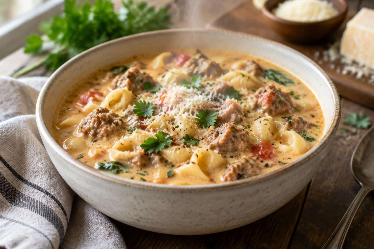 Bowl of Italian sausage pasta soup garnished with parmesan and herbs