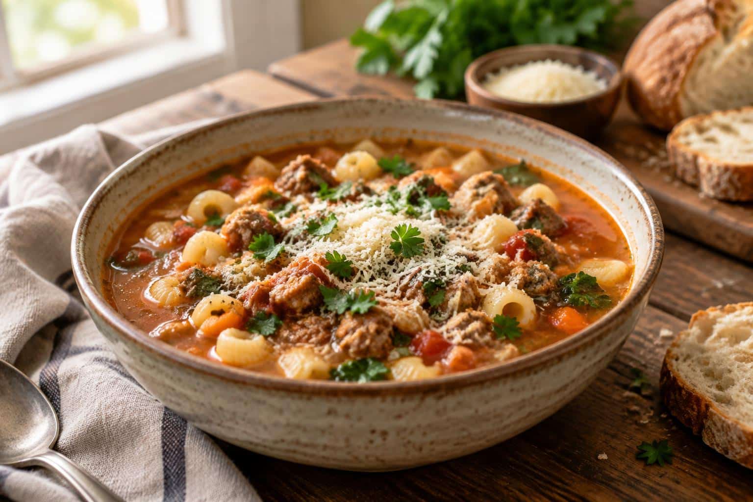 A bowl of hearty Italian sausage pasta soup garnished with Parmesan and parsley