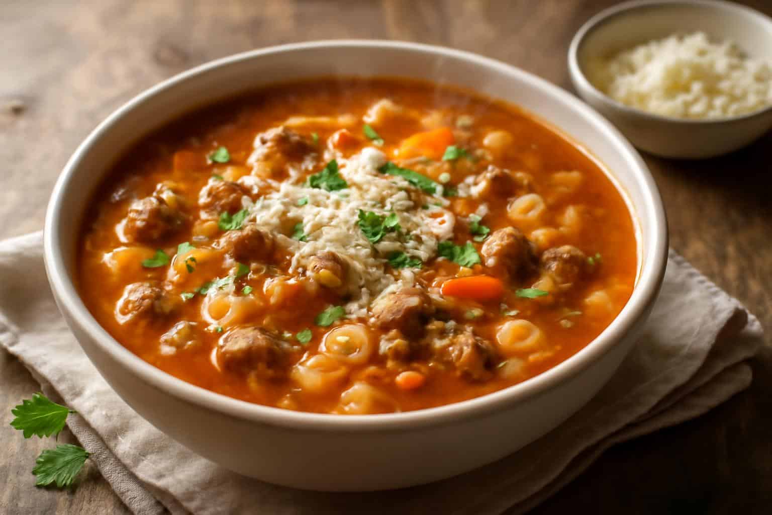 Bowl of hearty italian sausage pasta soup garnished with parmesan and parsley
