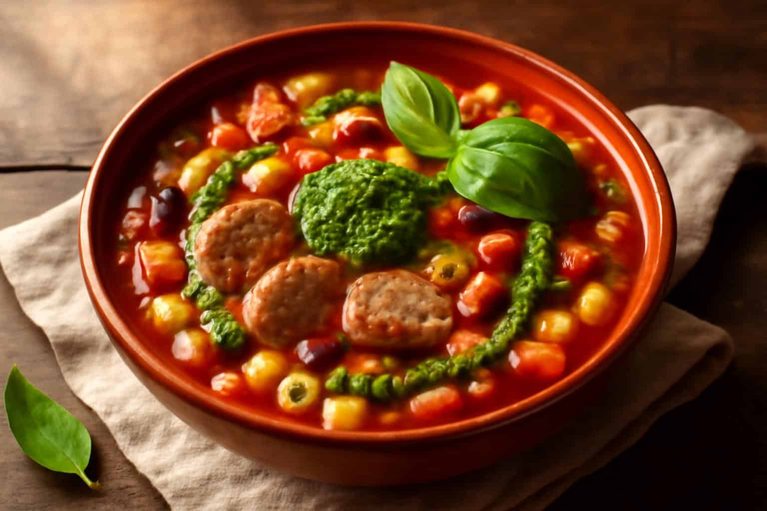 Hearty minestrone with sausage and pesto served in a rustic bowl, garnished with basil and pesto drizzle