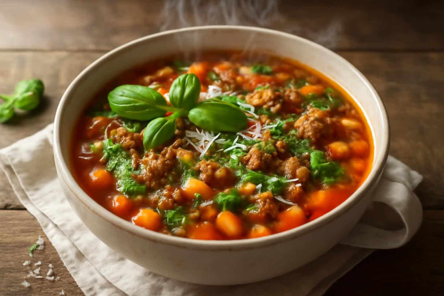Hearty minestrone with sausage and pesto in a rustic bowl garnished with basil and Parmesan cheese