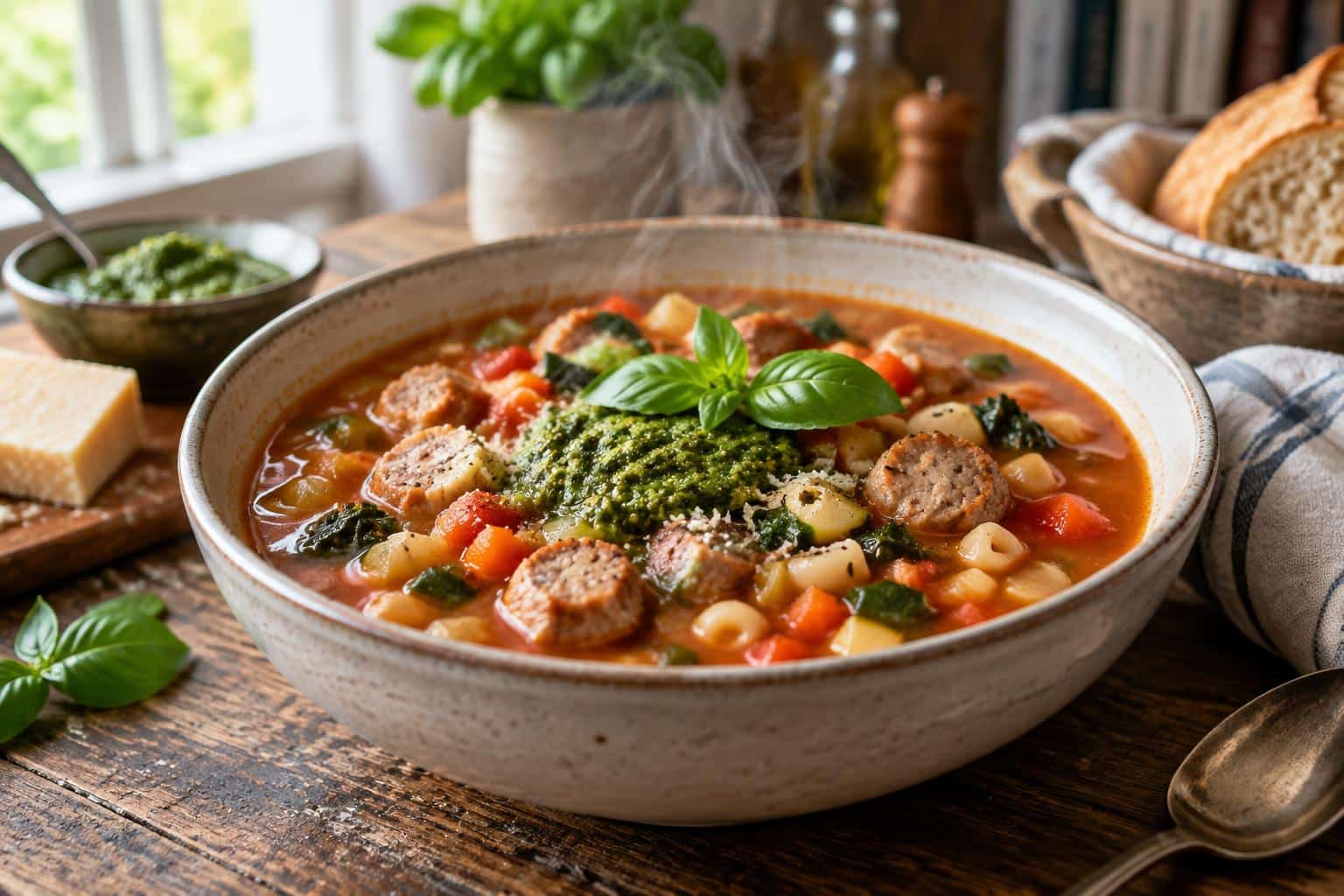 Bowl of minestrone with sausage and pesto garnished with fresh basil and Parmesan cheese