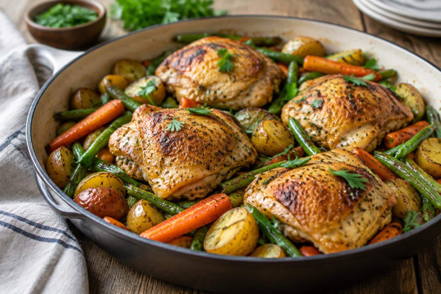 Hearty chicken dinner with roasted vegetables on a rustic plate, focus on chicken dinner