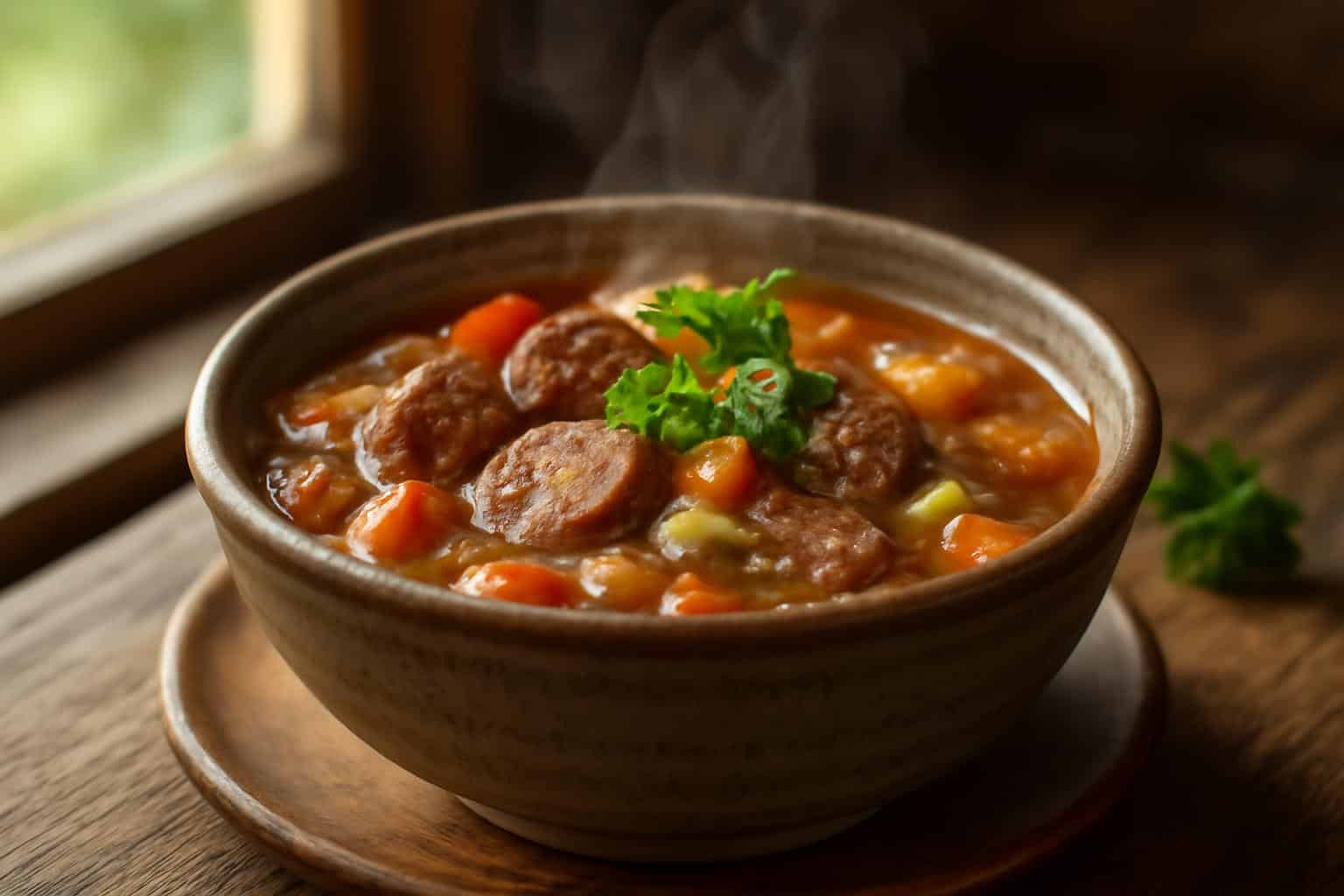 Hearty sausage soup in a rustic bowl garnished with parsley, showing a flavorful comforting meal