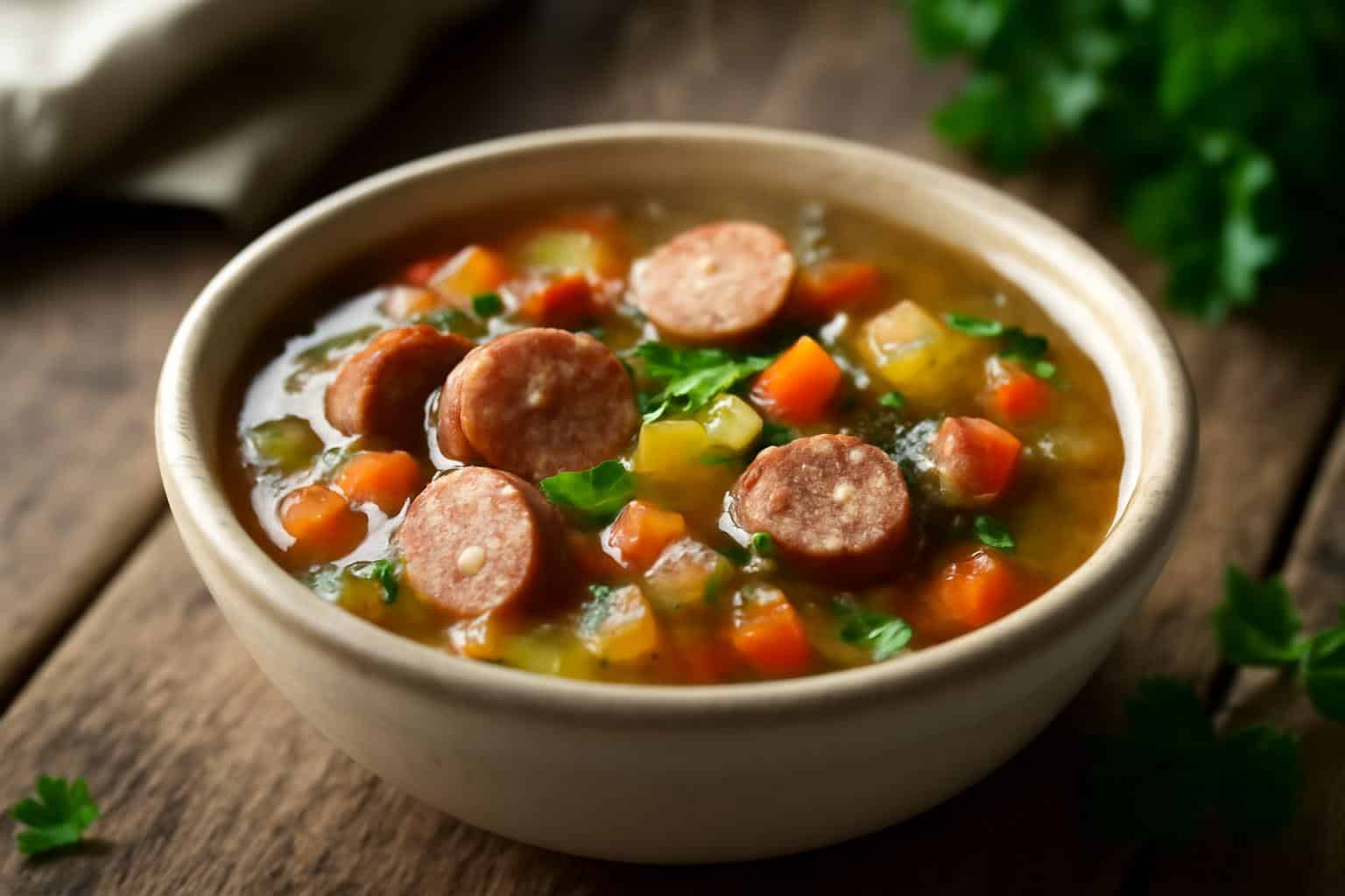 Hearty sausage soup in a bowl garnished with fresh parsley, showcasing rich broth and sausage chunks