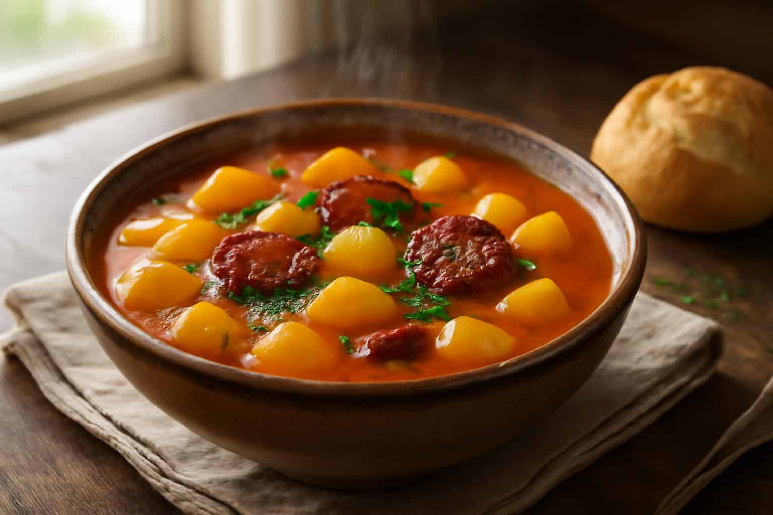 A bowl of Spanish potato soup with chorizo garnished with parsley on a wooden table
