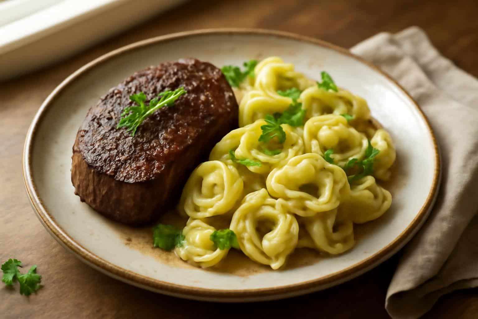 Hearty steak and tortellini dinner with creamy sauce and herbs on rustic plate