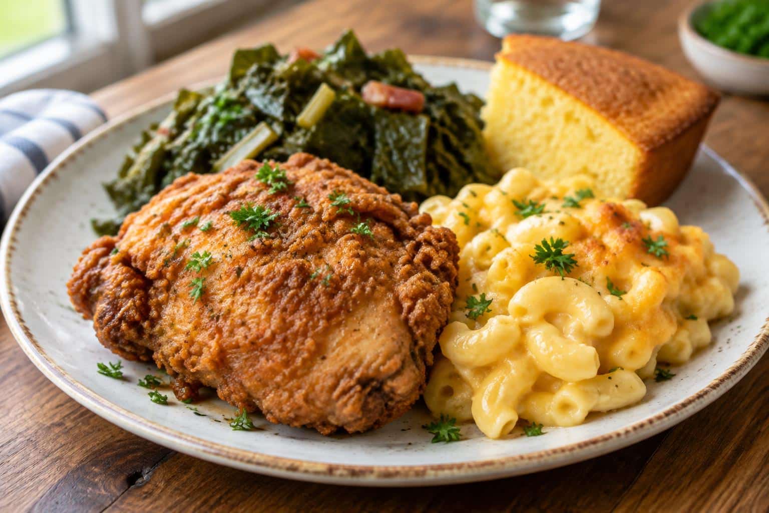 crispy fried chicken with creamy mac and cheese, collard greens, and cornbread in sunday soul food style