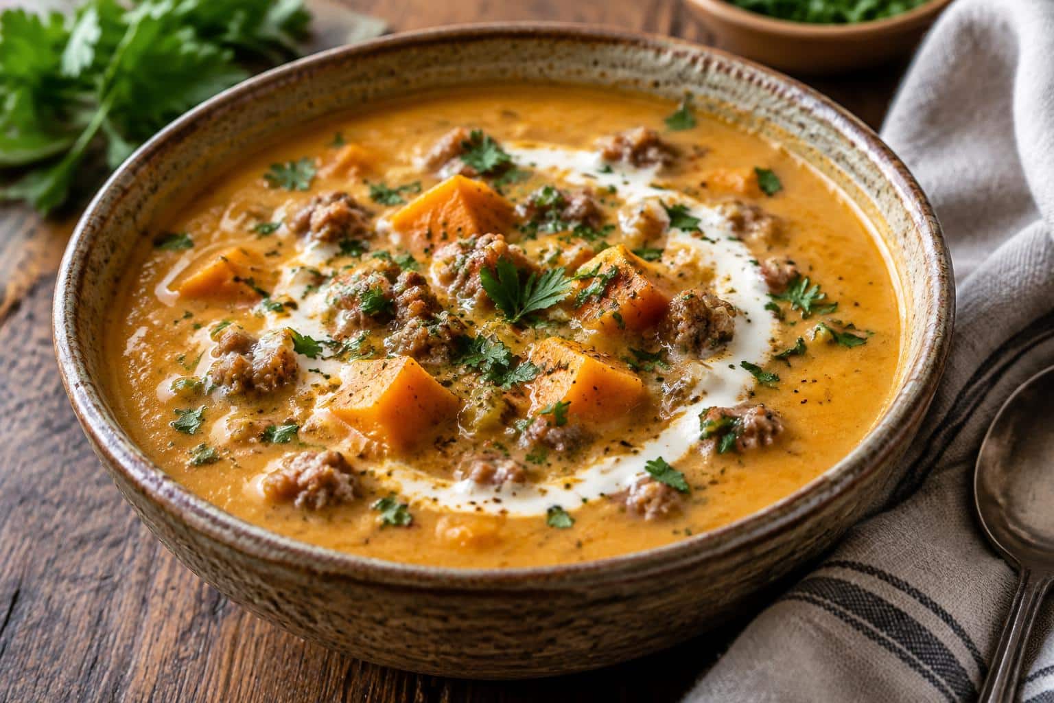 Creamy sweet potato sausage soup in bowl garnished with parsley and cream swirl