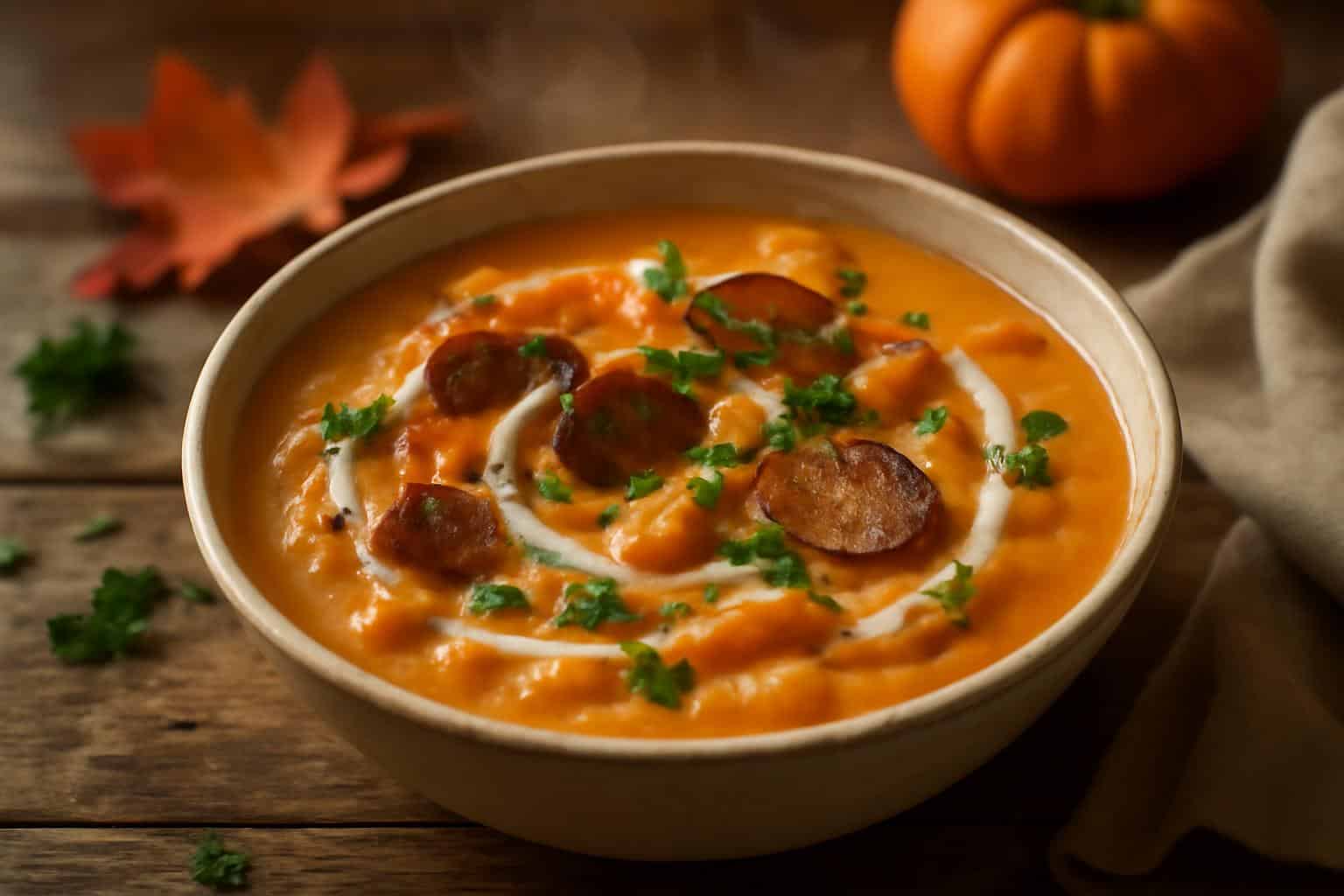 Creamy sweet potato sausage soup in a bowl garnished with parsley and cream swirl