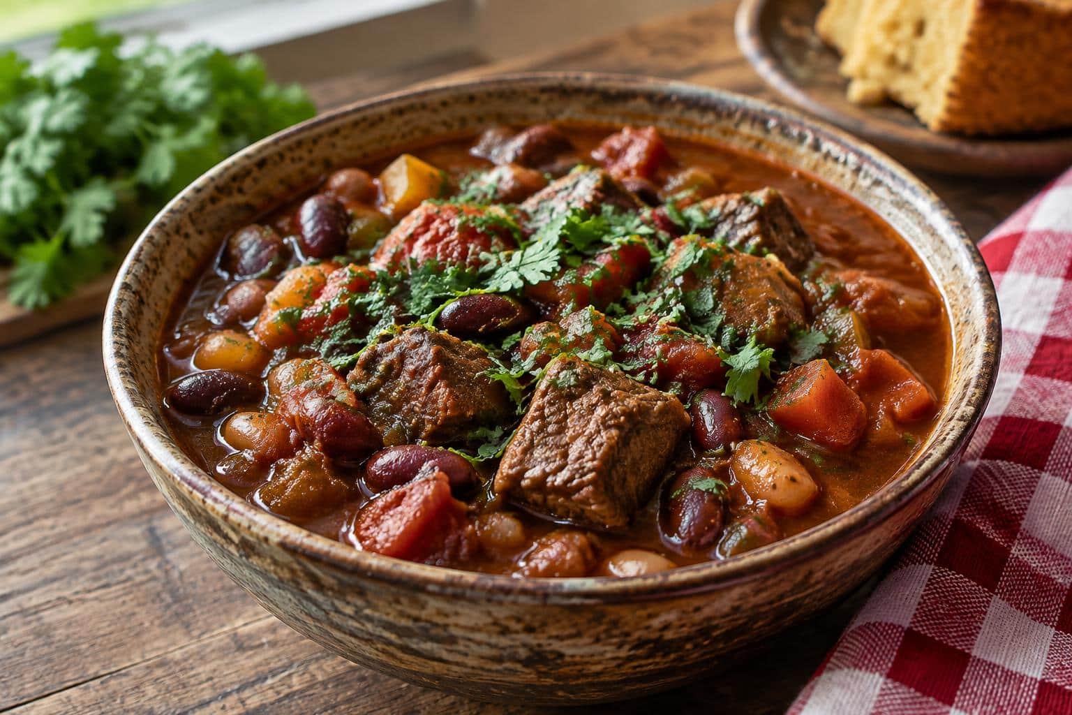 Bowl of Texas cowboy stew with beef, beans, and vegetables in rustic setting