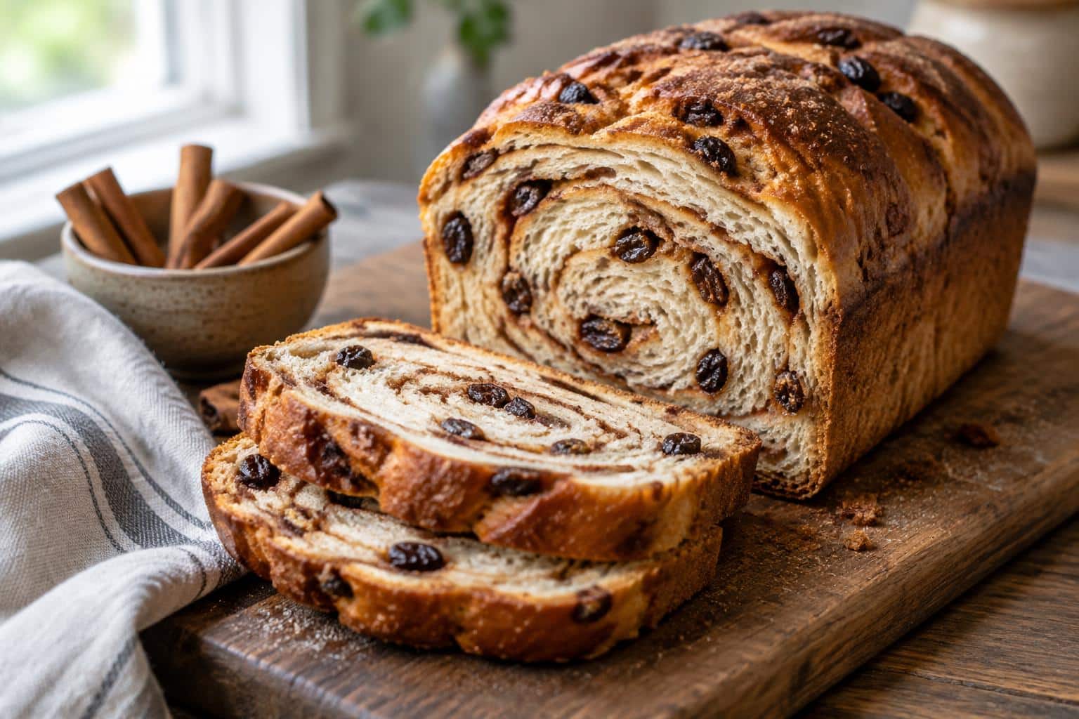 freshly baked cinnamon raisin bread with swirled cinnamon and raisins on rustic board