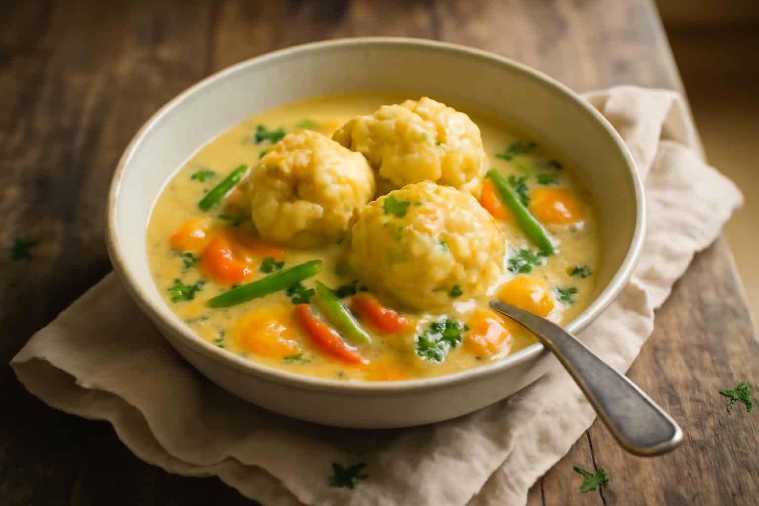 Heavenly coconut curry soup with fluffy dumplings in a rustic bowl, garnished with herbs