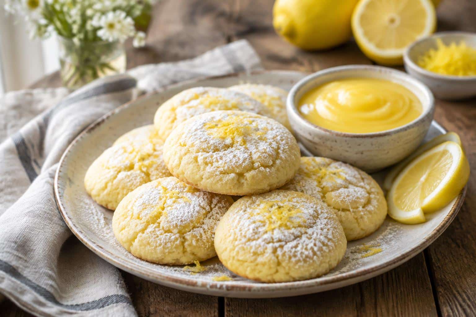 Plate of soft lemon cake mix cookies garnished with lemon zest and powdered sugar