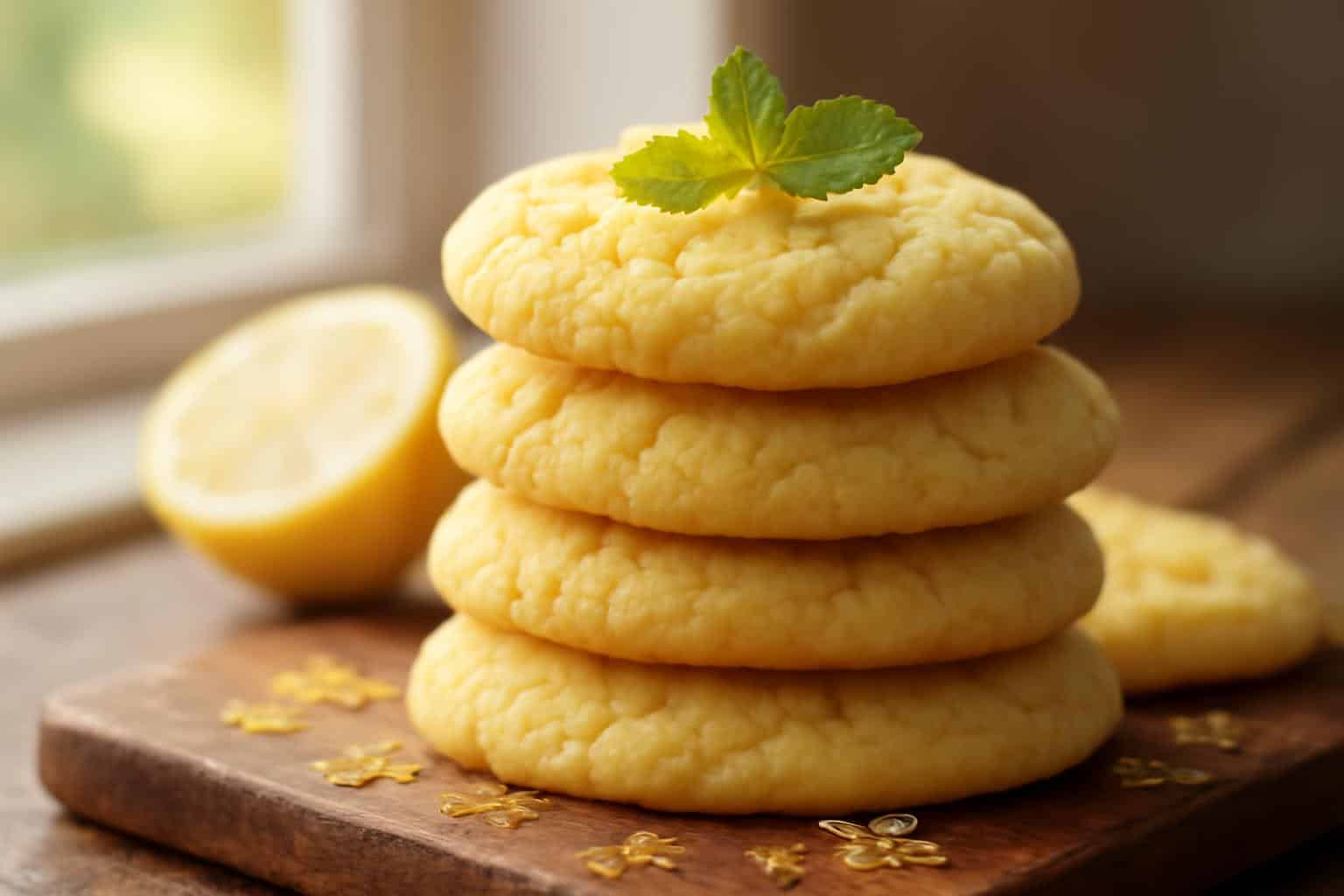 Soft, chewy lemon cake mix cookies garnished with lemon zest and mint
