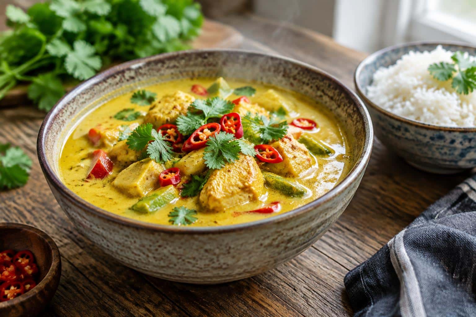 Creamy yellow curry served in a bowl garnished with cilantro and chili, showcasing yellow curry flavors