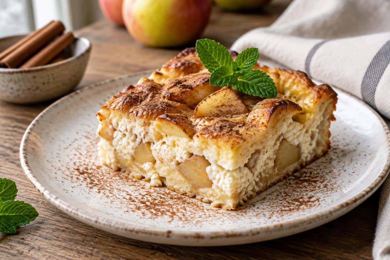 High-protein apple cinnamon cottage cheese bake slice garnished with cinnamon and mint